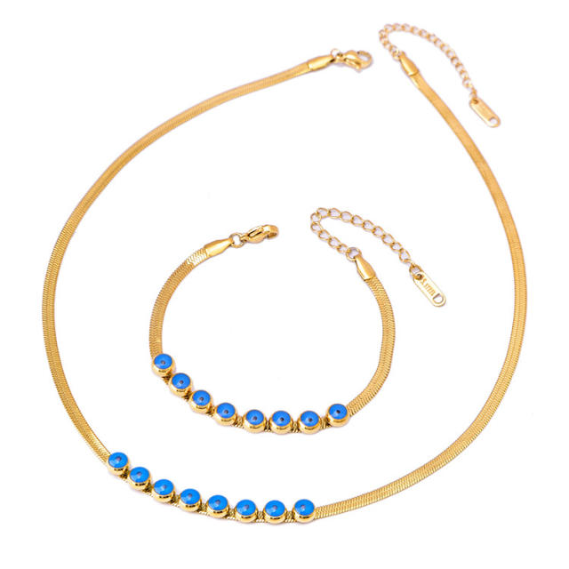 Elegant blue eye bead snake chain stainless steel necklace set