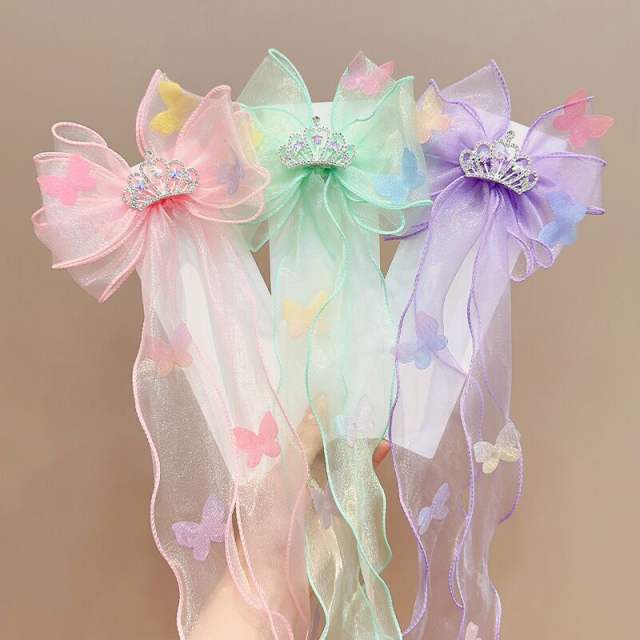 Rhinestone bow organza bow kids hair clips