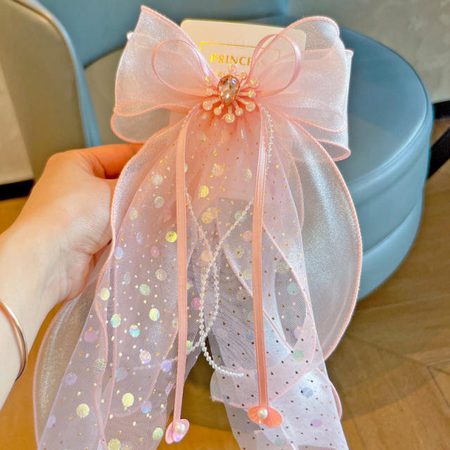 Korean fashion spring summer plain color mesh bow hair clips for kids