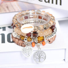 Boho hollow heart life tree charm color bead bracelet