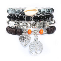 Boho hollow heart life tree charm color bead bracelet