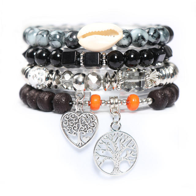 Boho hollow heart life tree charm color bead bracelet