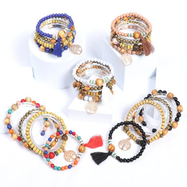 Summer boho color wood bead layer bracelet