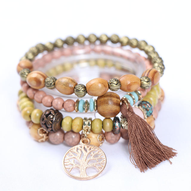 Summer boho color wood bead layer bracelet