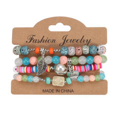 Boho heart leaf charm clay bead bracelet set