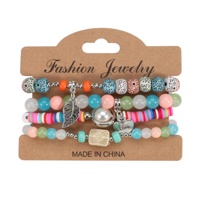 Boho heart leaf charm clay bead bracelet set