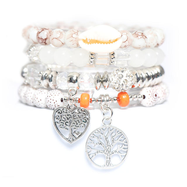 Boho hollow heart life tree charm color bead bracelet
