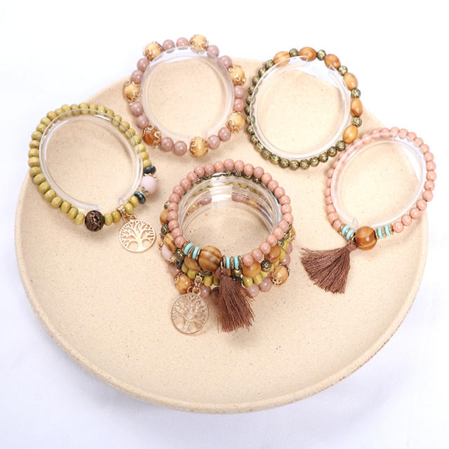 Summer boho color wood bead layer bracelet