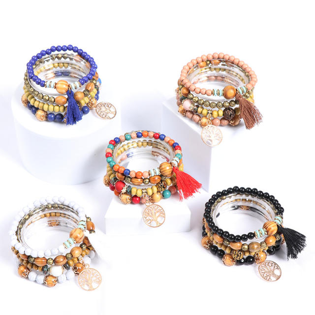 Summer boho color wood bead layer bracelet