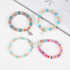 Boho heart leaf charm clay bead bracelet set