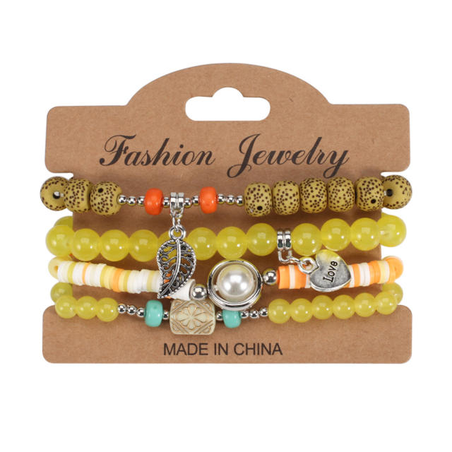 Boho heart leaf charm clay bead bracelet set