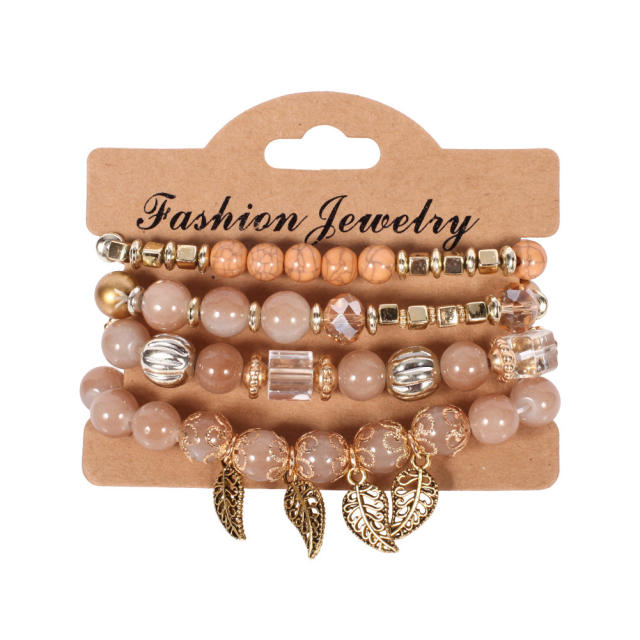 Korean fashion colorful bead alloy leaf charm bracelet