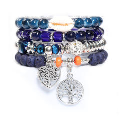 Boho hollow heart life tree charm color bead bracelet