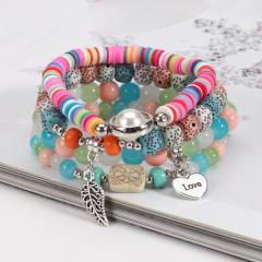 Boho heart leaf charm clay bead bracelet set