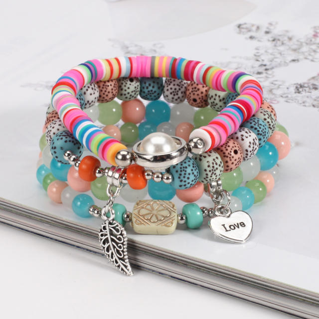 Boho heart leaf charm clay bead bracelet set