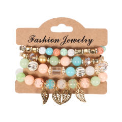 Korean fashion colorful bead alloy leaf charm bracelet