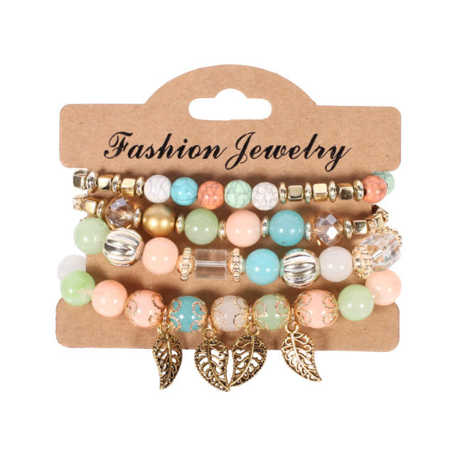 Korean fashion colorful bead alloy leaf charm bracelet