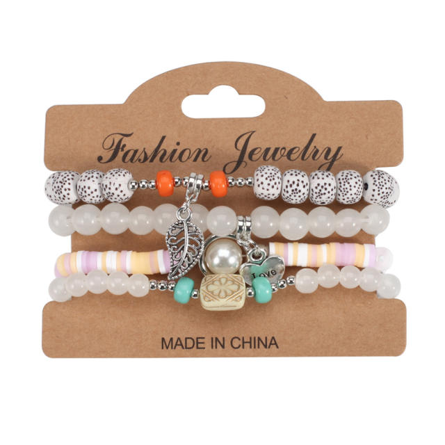 Boho heart leaf charm clay bead bracelet set