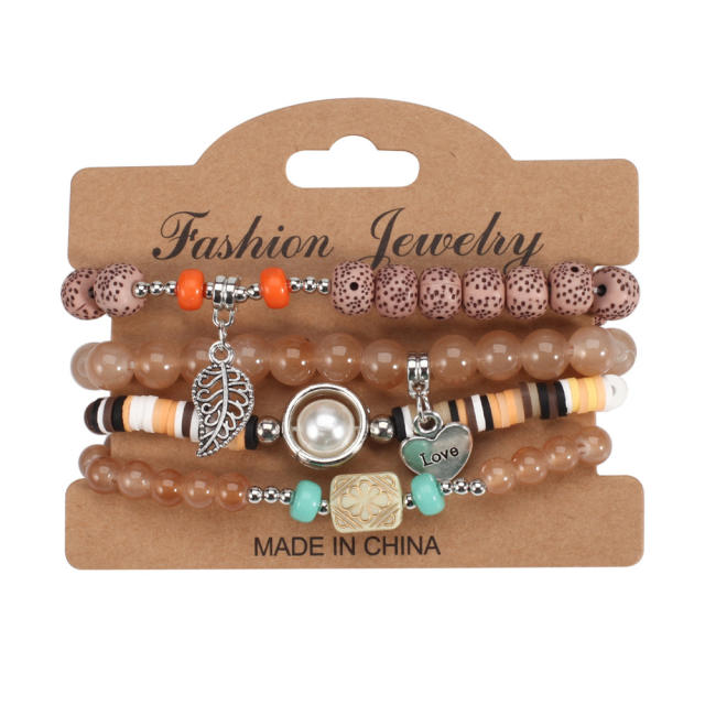 Boho heart leaf charm clay bead bracelet set