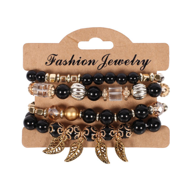 Korean fashion colorful bead alloy leaf charm bracelet