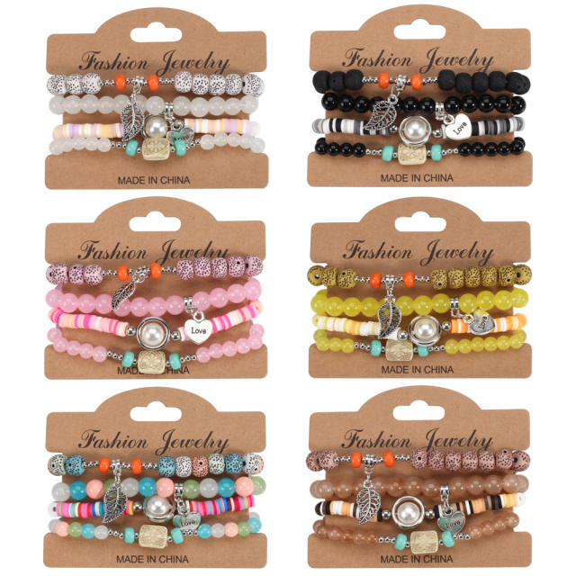 Boho heart leaf charm clay bead bracelet set