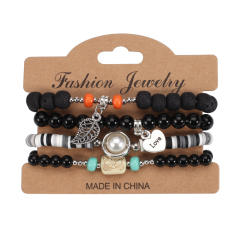Boho heart leaf charm clay bead bracelet set