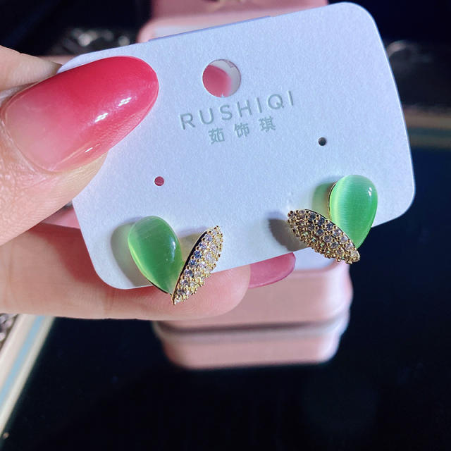 925 needle sweet color opal rhinestone heart studs earrings