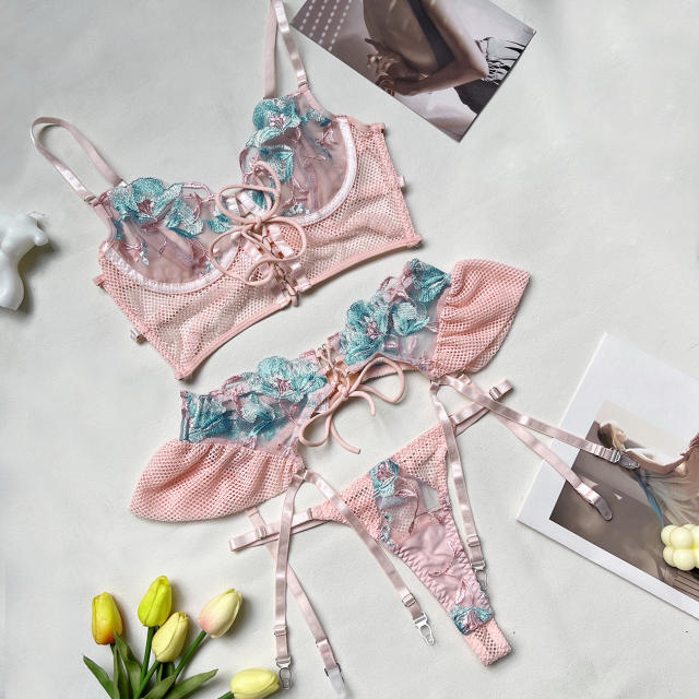 Color embroidery sexy lace lingerie set