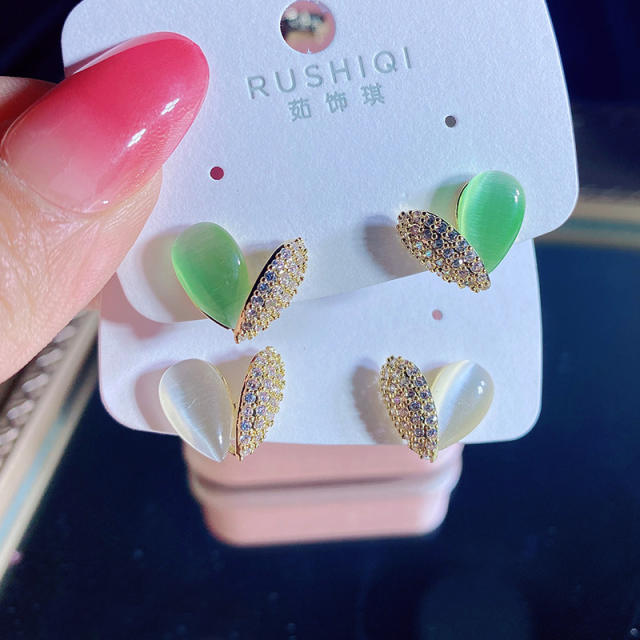 925 needle sweet color opal rhinestone heart studs earrings