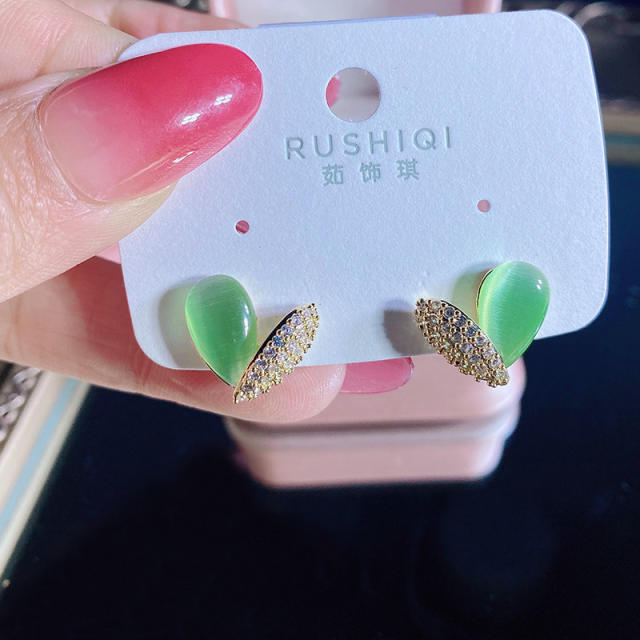 925 needle sweet color opal rhinestone heart studs earrings