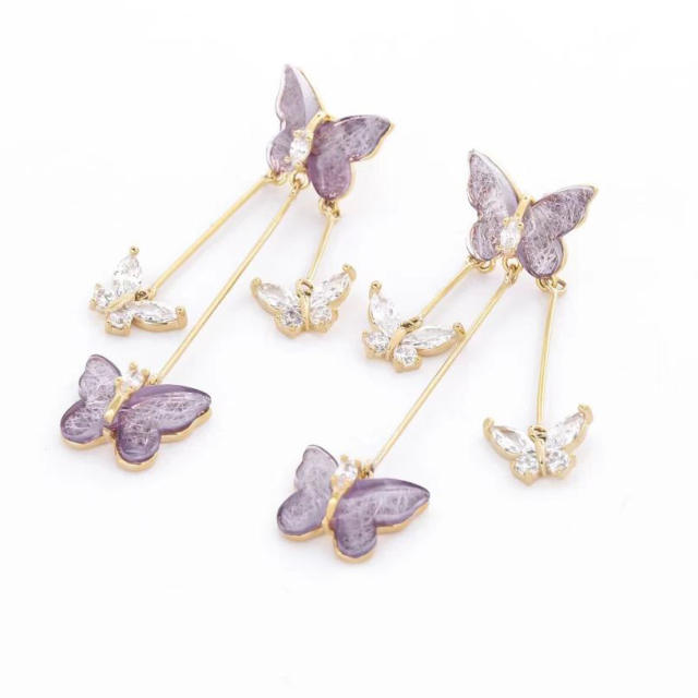 925 needle purple color butterfly tassel earrings