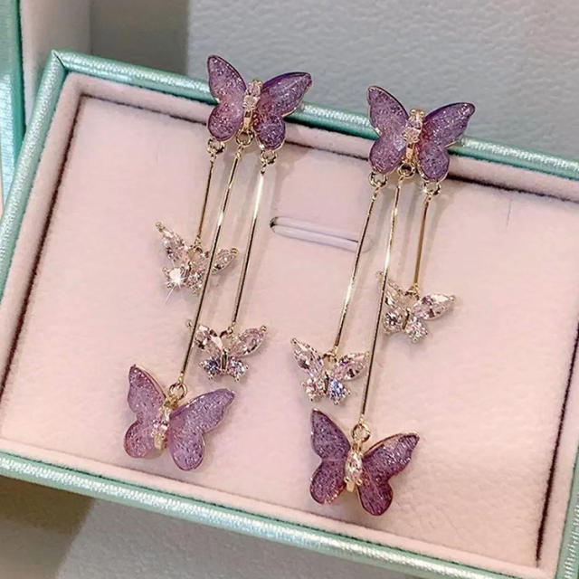 925 needle purple color butterfly tassel earrings