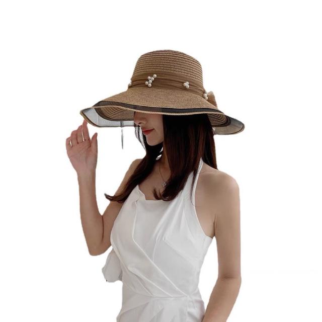Elegant pearl big wide brim straw hat