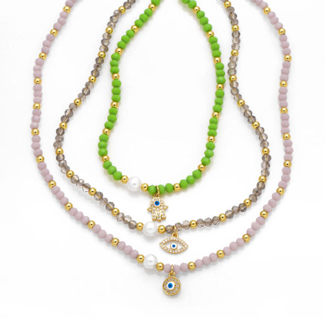 Boho colorful bead diamond evil eye charm necklace