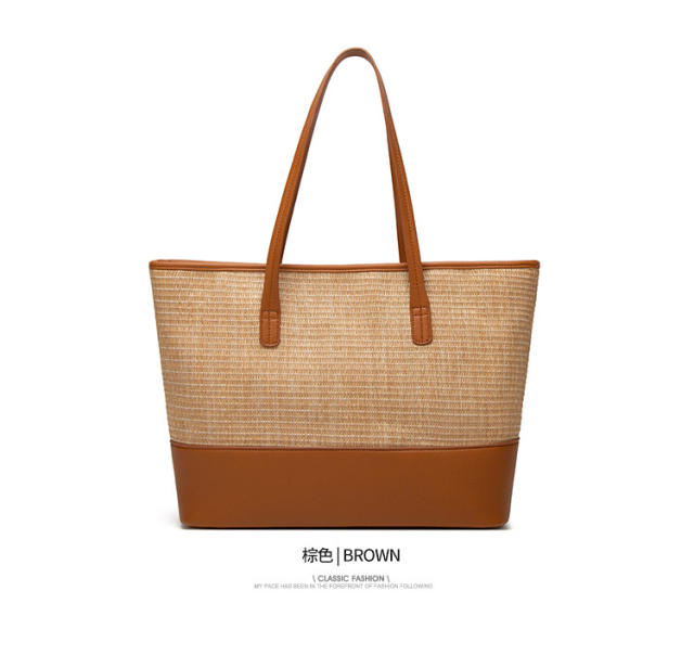 Occident fashion pu leather mix straw tote bag