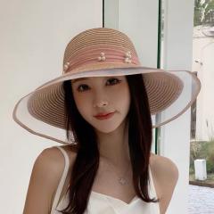 Elegant pearl big wide brim straw hat
