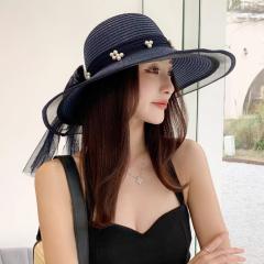 Elegant pearl big wide brim straw hat