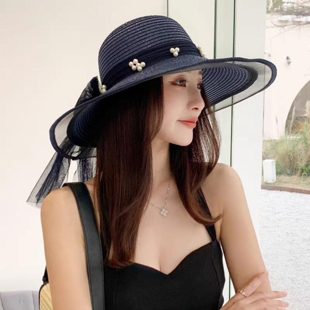 Elegant pearl big wide brim straw hat