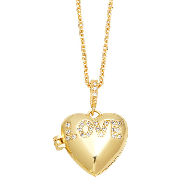 LOVE MOM diamond letter round shape copper locket necklace