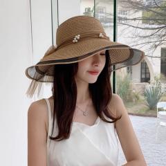 Elegant pearl big wide brim straw hat