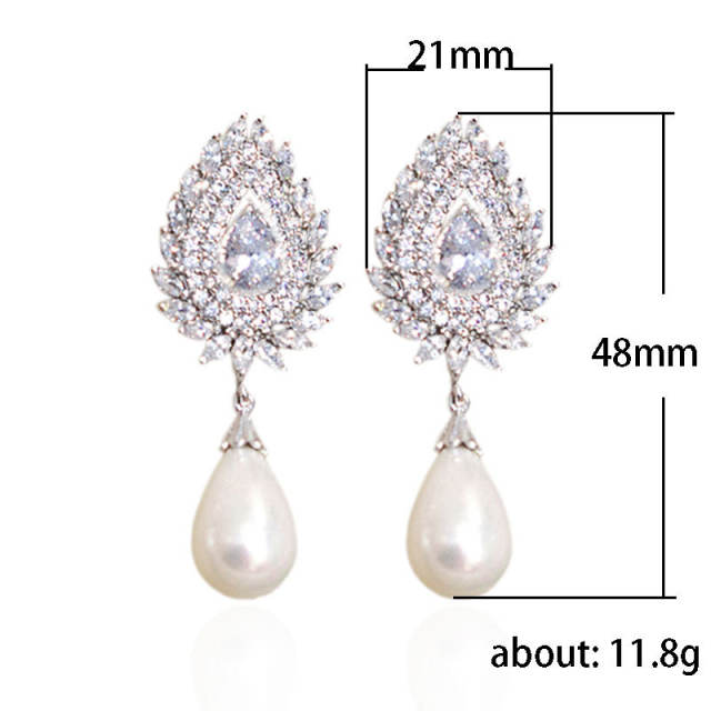 Delicate handmade cubic zircon setting pearl drop earrings
