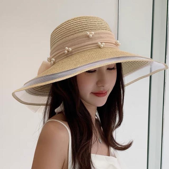 Elegant pearl big wide brim straw hat