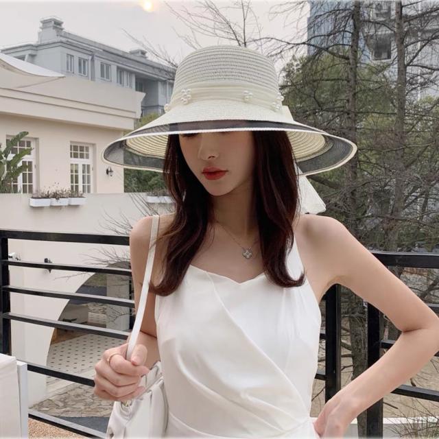 Elegant pearl big wide brim straw hat