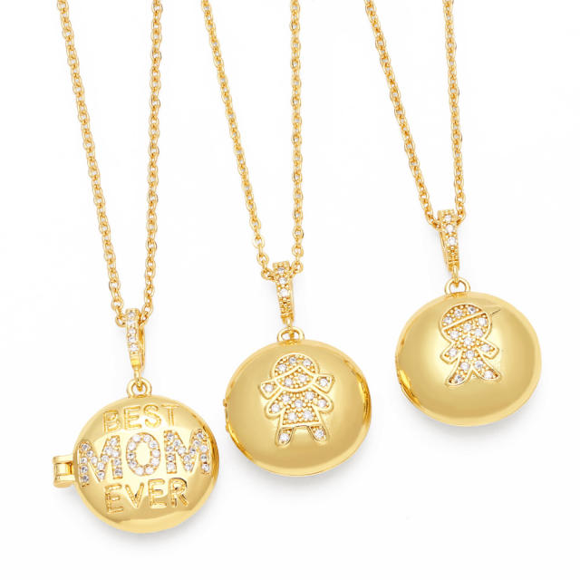 LOVE MOM diamond letter round shape copper locket necklace