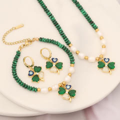 Creative cubic zircon copper clover charm bead necklace set