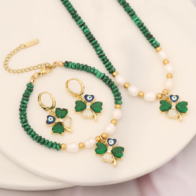 Creative cubic zircon copper clover charm bead necklace set