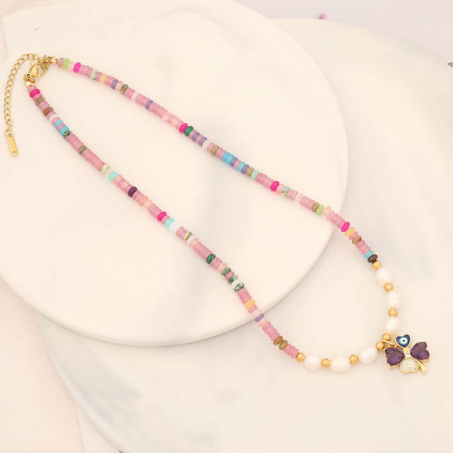 Creative cubic zircon copper clover charm bead necklace set