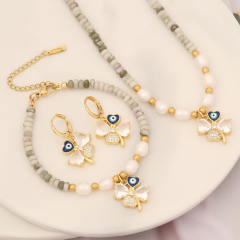 Creative cubic zircon copper clover charm bead necklace set