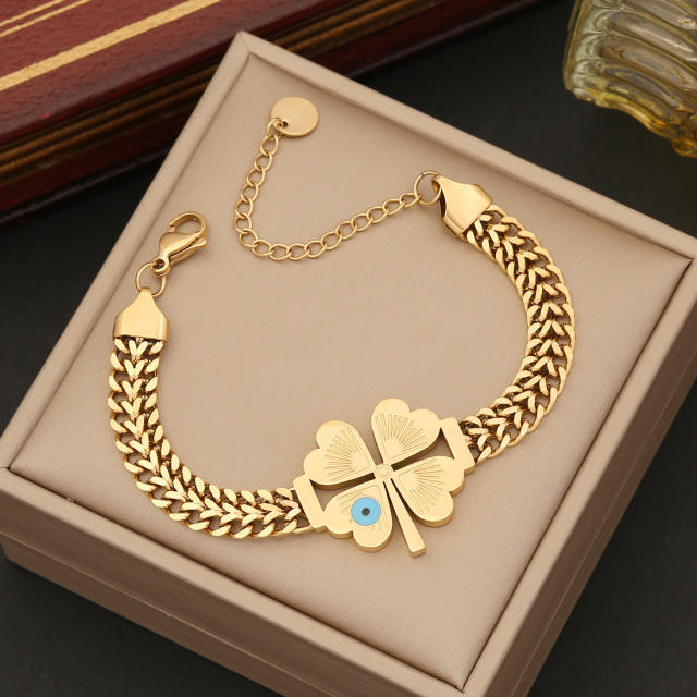 Personality elephant clover evil eye stainless steel chain bracelet