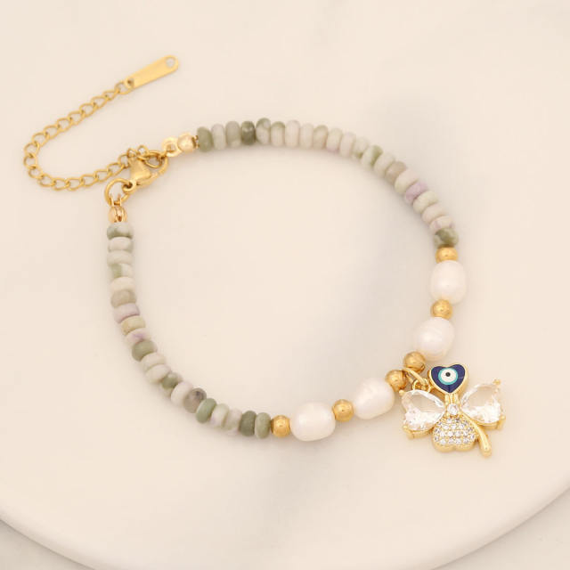 Creative cubic zircon copper clover charm bead necklace set